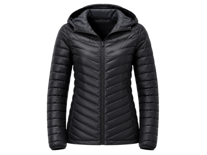 Women’s Chevron-Quilted Hooded Goose Down Jacket – Black | B2B Low MOQ