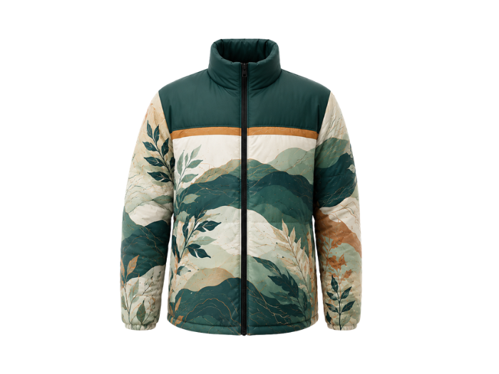 Panel-Print Sublimated Puffer Jacket – Dark Green and Cream Botanical Graphic | B2B Low MOQ