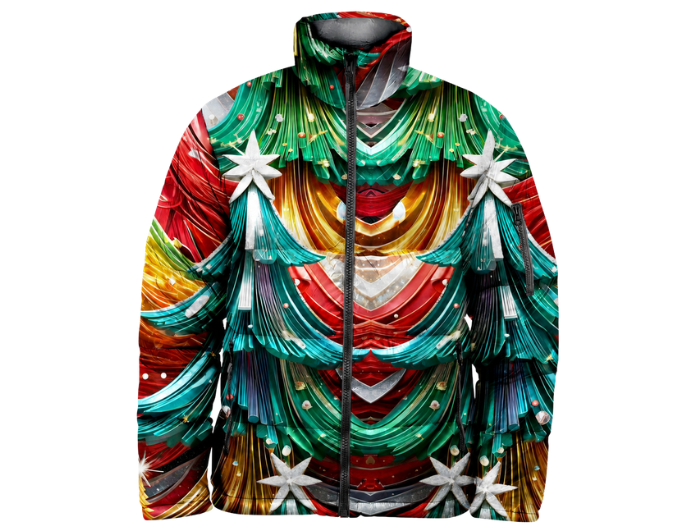 Ornamental Graphic-Print Sublimated Puffer Jacket – Green, Red, White, Yellow and Black | B2B Low MOQ