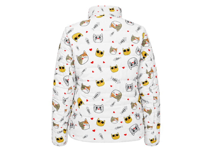 Playful Icon-Print Sublimated Puffer Jacket – White with Multicolour Motifs | B2B Low MOQ