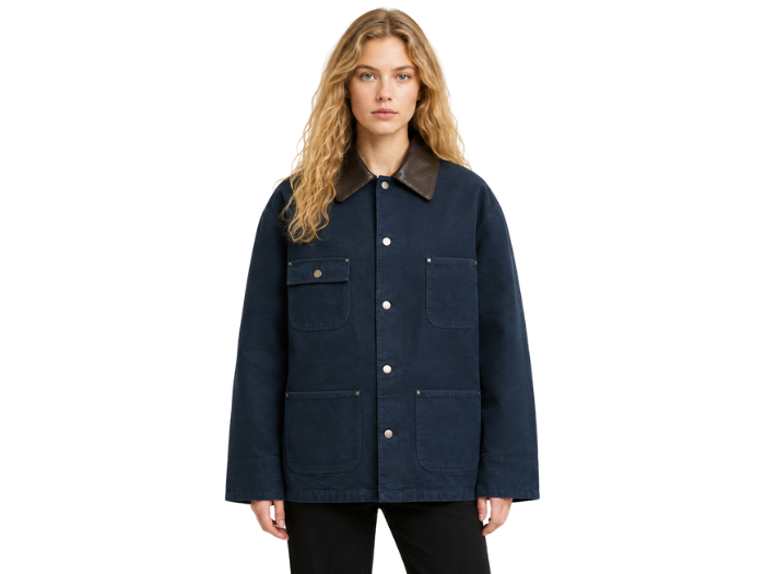 Contrast-Collar Denim Chore Jacket Dark Navy B2B