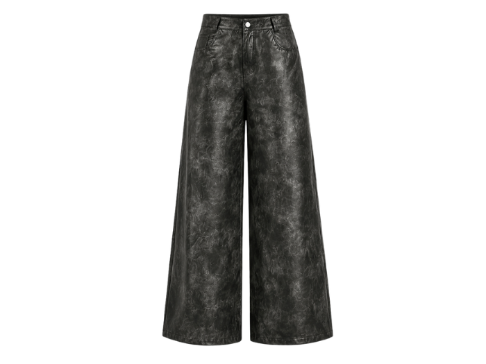 Women’s Faux Leather Wide Leg Pants Black with Washed Finish | B2B Low MOQ