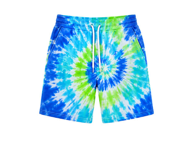 Tie Dye Drawstring Shorts Blue Aqua Green and White Spiral Design | B2B Low MOQ