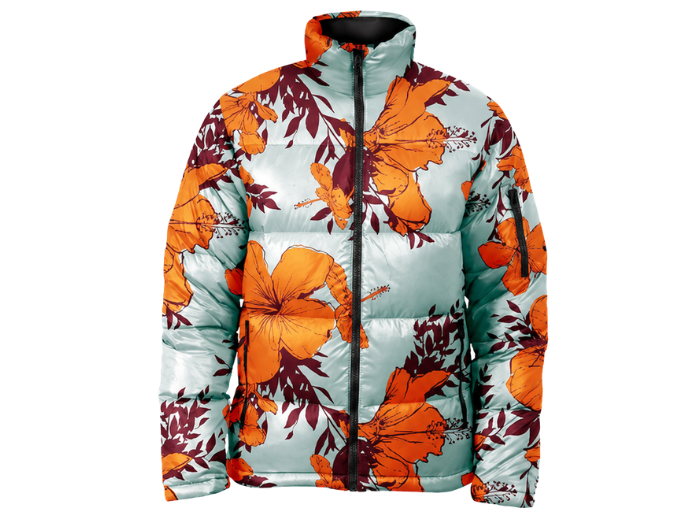 Large-Bloom Floral-Print Sublimated Puffer Jacket – Light Aqua, Orange and Burgundy | B2B Low MOQ