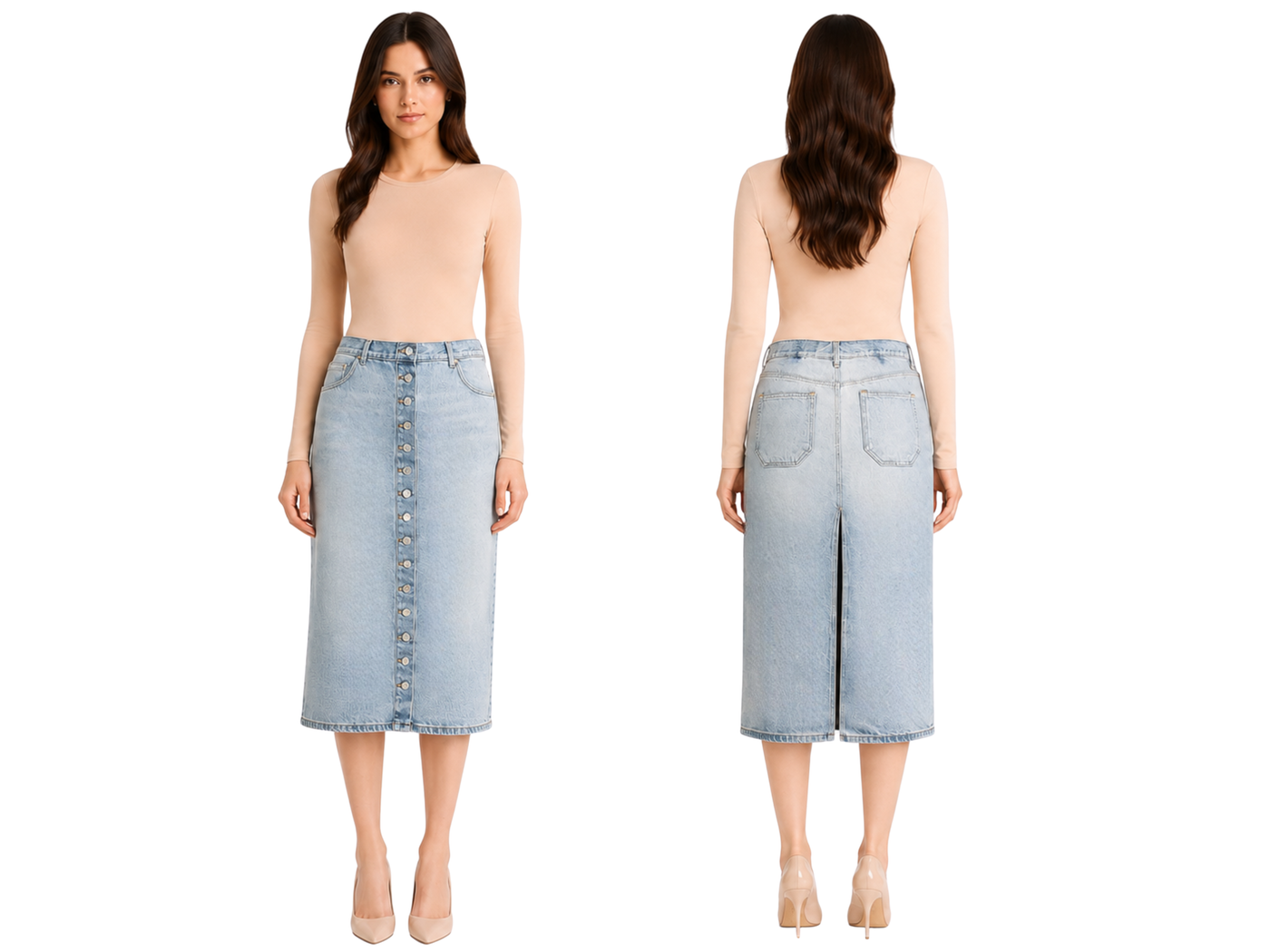 Custom Women’s Button-Front Denim Midi Skirt for Private Labels