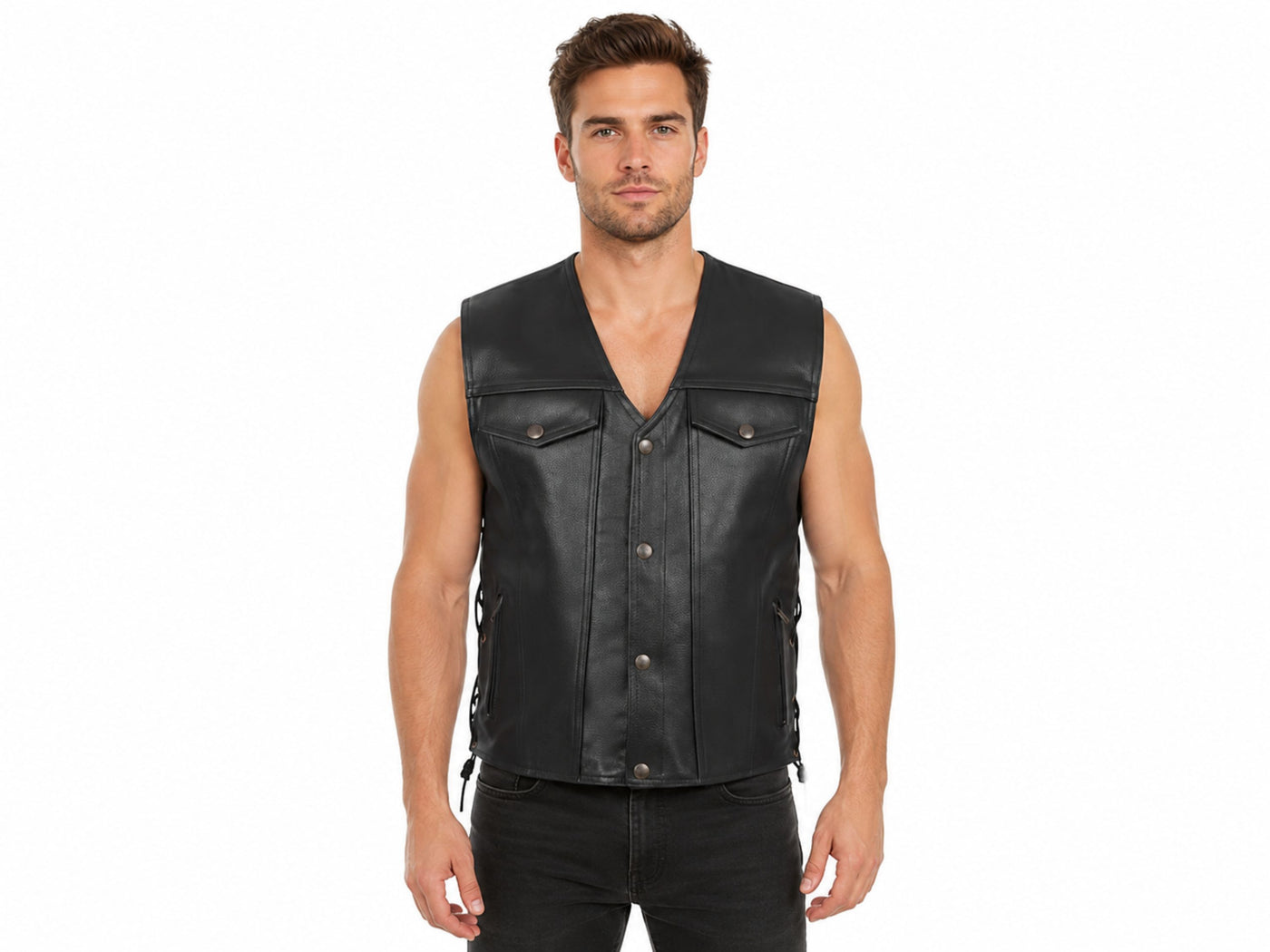 Men’s Buffalo Leather Biker Vest Wholesale | Custom Outlaw Denim Style Leather Vest Manufacturer