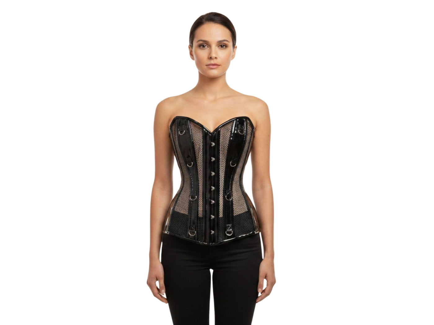 Black PVC Mesh Overbust Corset Wholesale | Semi Sheer Gothic Bustier Manufacturer