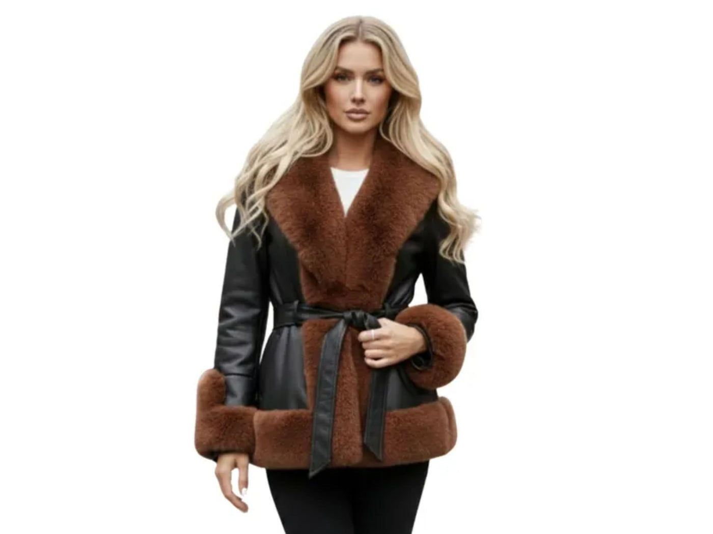 Black Lambskin Leather Fur Coat Wholesale | Women’s Belted Winter Coat Manufacturer