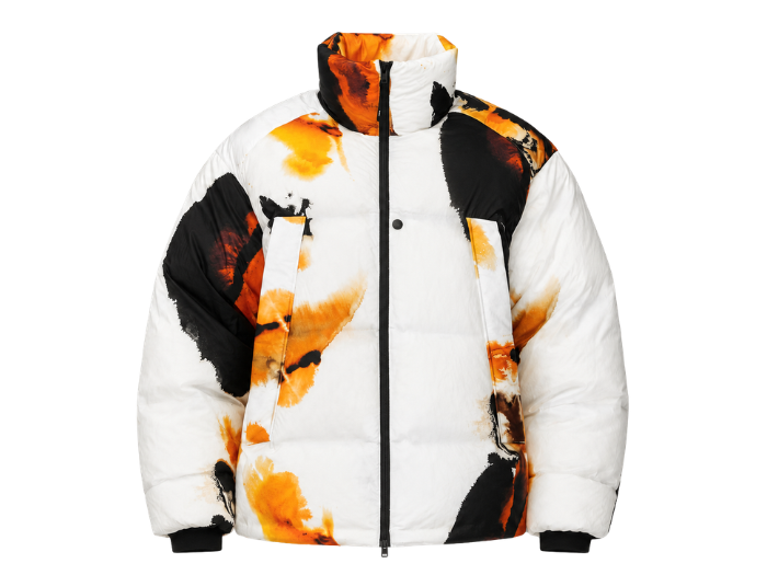 All-Over Print Sublimated Puffer Jacket – White, Black and Orange Abstract Graphic | B2B Low MOQ