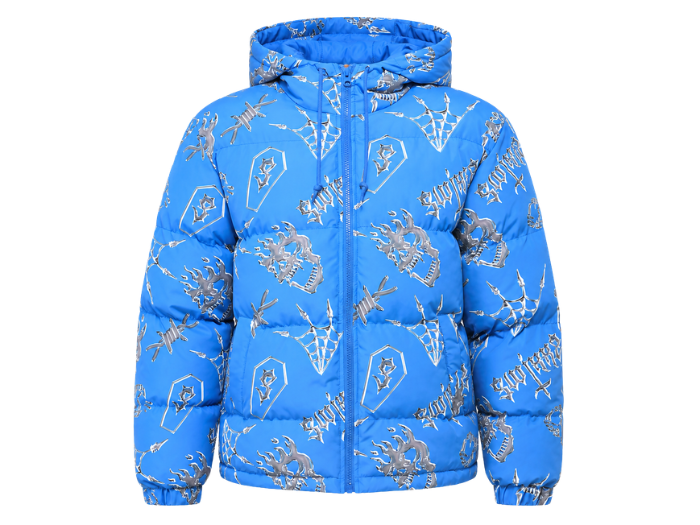 Hooded All-Over Print Sublimated Puffer Jacket – Light Blue and Silver Abstract Print | B2B Low MOQ