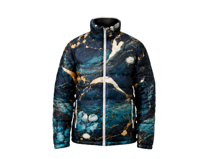 Abstract-Print Sublimated Puffer Jacket – Black, Teal and Gold Graphic | B2B Low MOQ