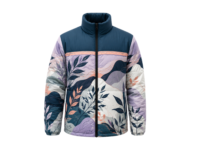 Panel-Print Sublimated Puffer Jacket – Navy, Lavender and Cream Botanical Graphic | B2B Low MOQ