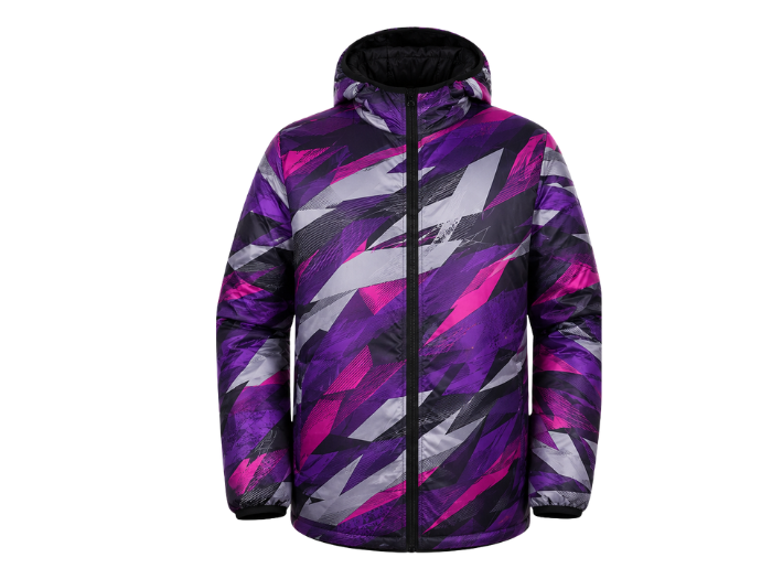 Hooded All-Over Print Sublimated Puffer Jacket – Purple, Magenta and Grey Abstract Print | B2B Low MOQ