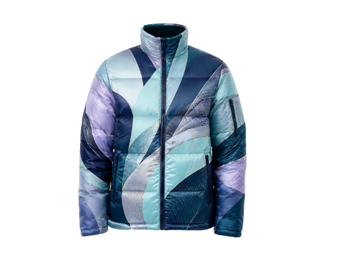 Abstract Geometric-Print Sublimated Puffer Jacket – Navy, Aqua, Lavender and Light Grey | B2B Low MOQ