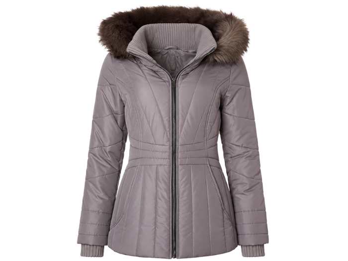 Custom Women’s Taupe Fur-Trim Hooded Eider Down Puffer Jacket B2B