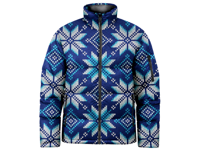 Snowflake Diamond-Print Sublimated Puffer Jacket – Navy, Blue, Aqua and White | B2B Low MOQ