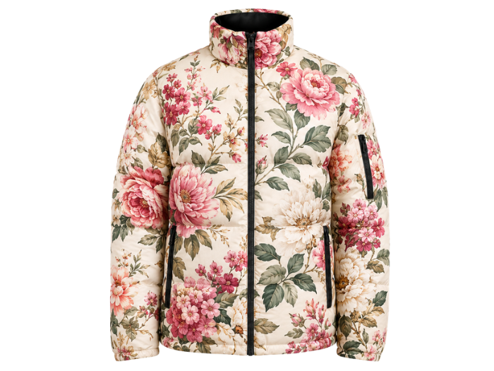 Stand-Collar Floral-Print Sublimated Puffer Jacket – Cream, Pink, Red and Green | B2B Low MOQ