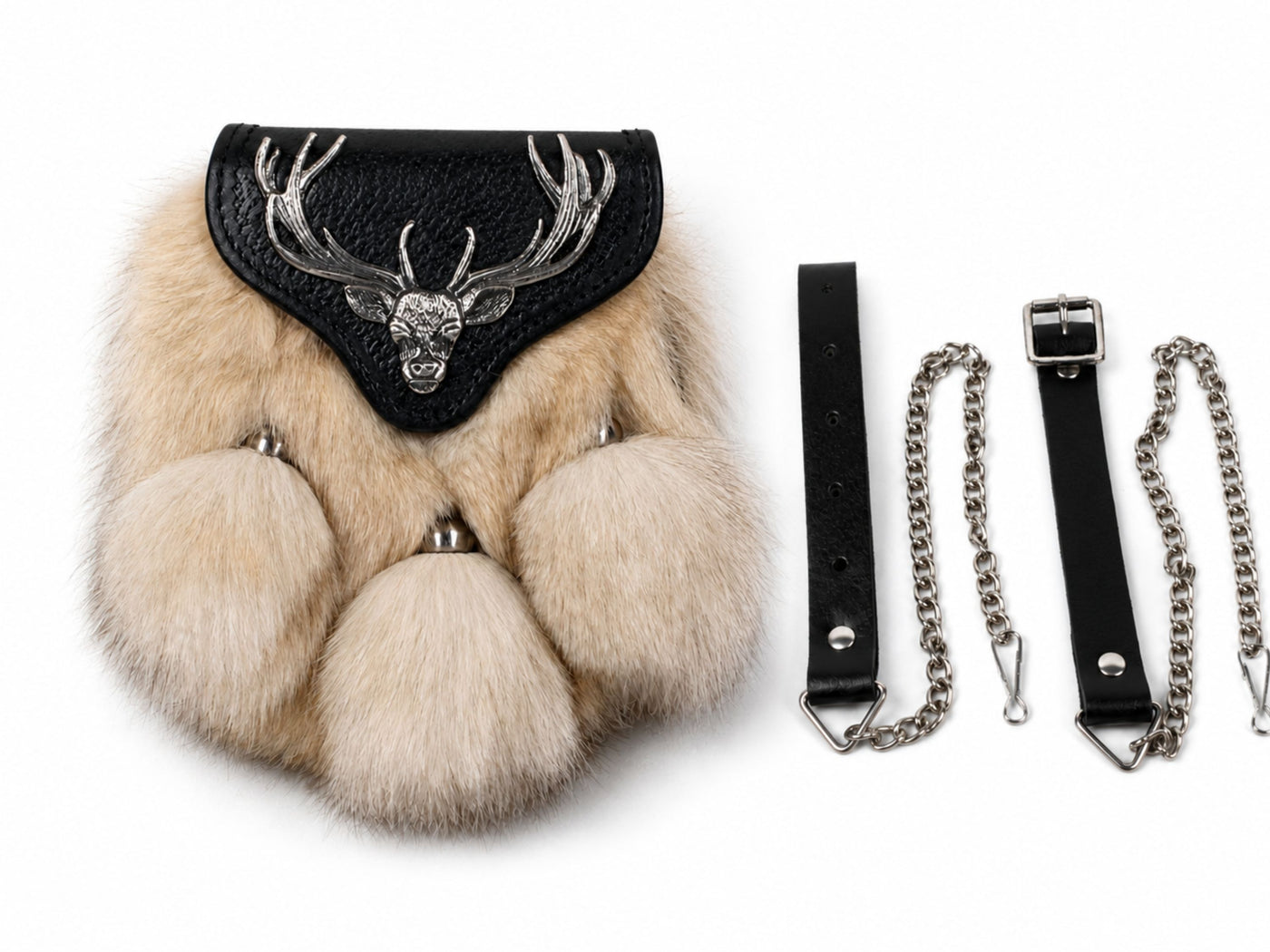 Fox Fur Semi Dress Sporran White with Stag Motif Flap | B2B Low MOQ