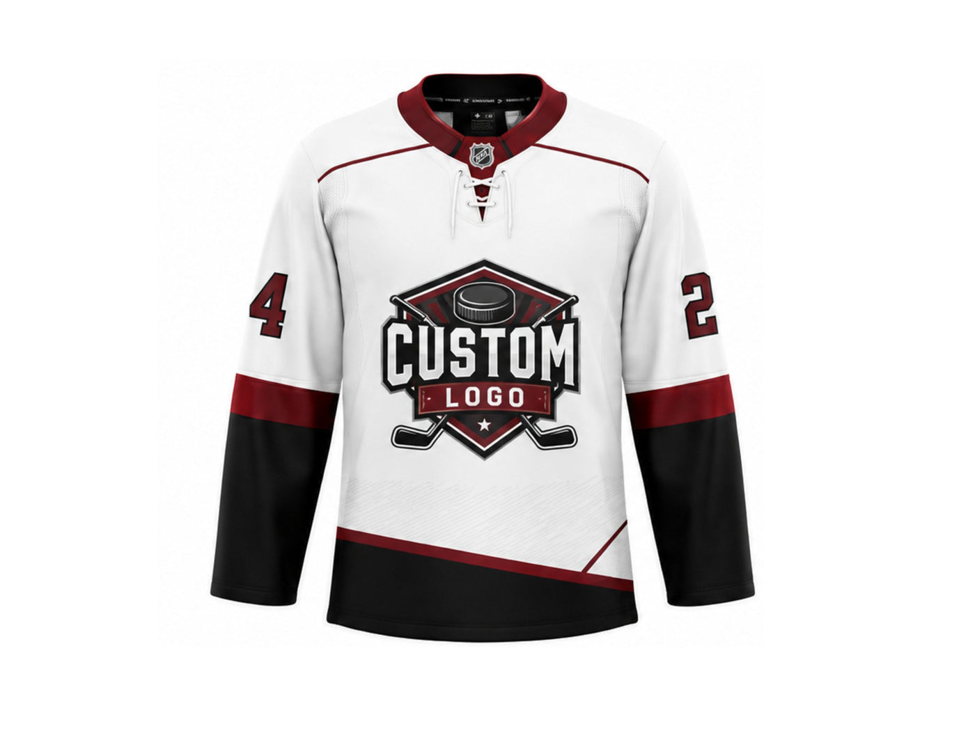 Custom Home Away Ice Hockey Jersey – White Burgundy Black Sublimated Team Jersey for Wholesale Orders