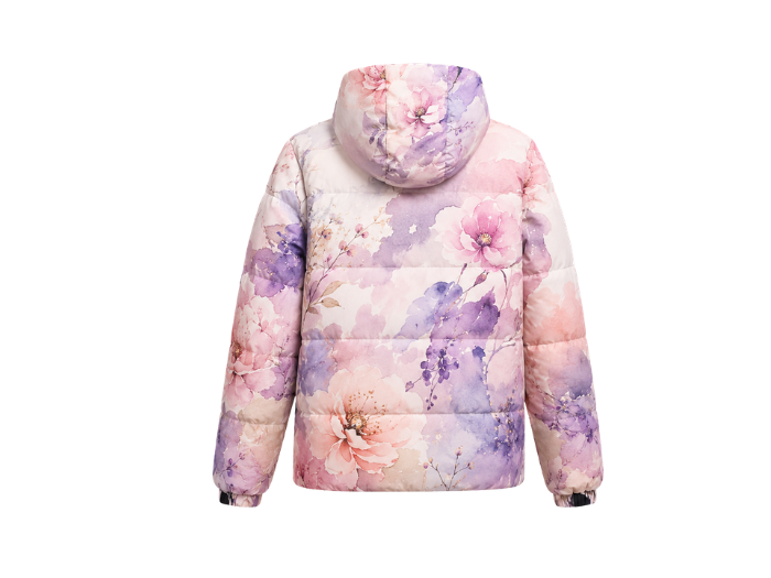Hooded Floral-Print Sublimated Puffer Jacket – Soft Pink, Lavender, Ivory and Purple | B2B Low MOQ