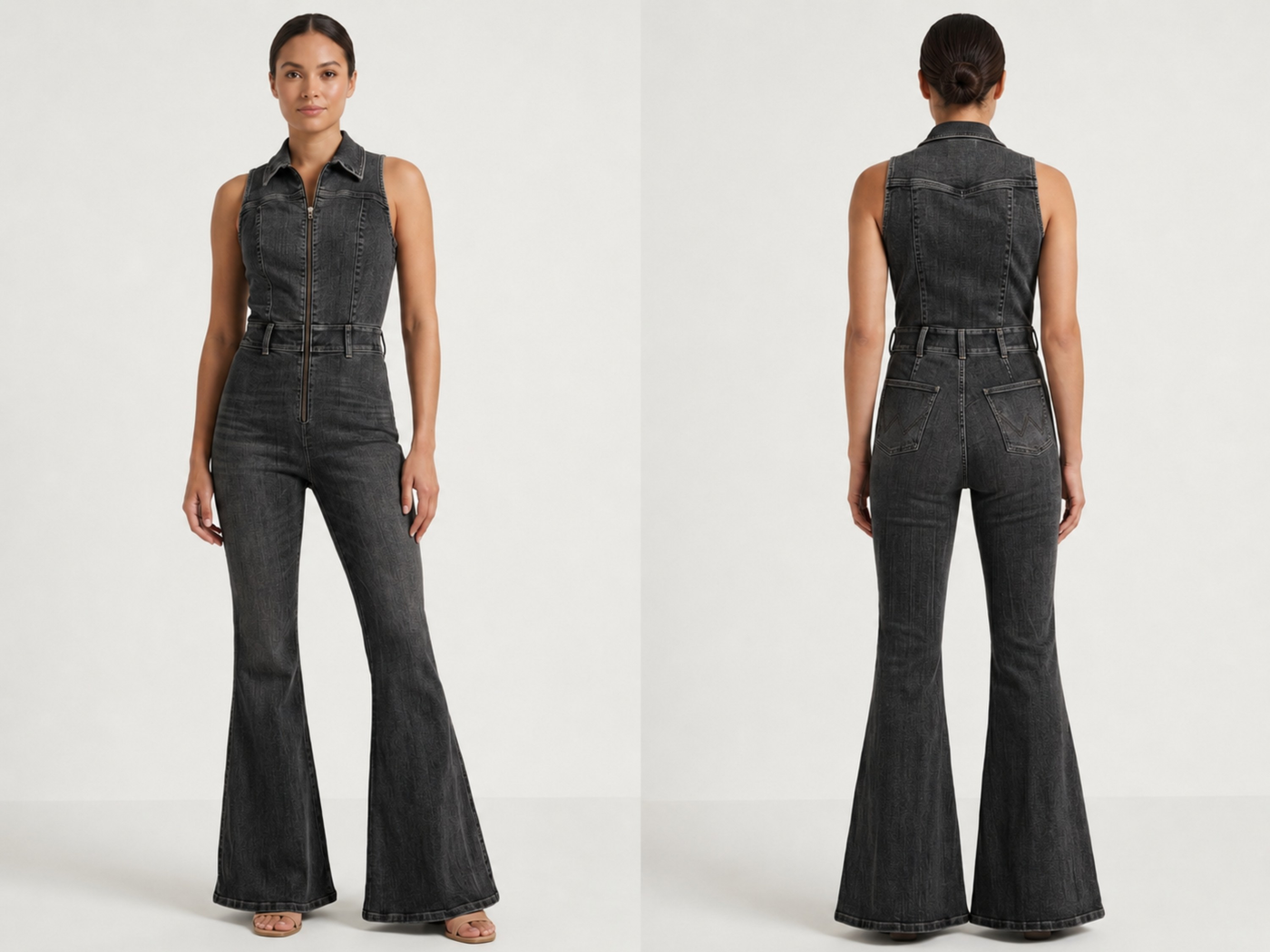 Wholesale Custom Black Denim Jumpsuit Manufacturer Private Label Zip Front Flare Boilersuit