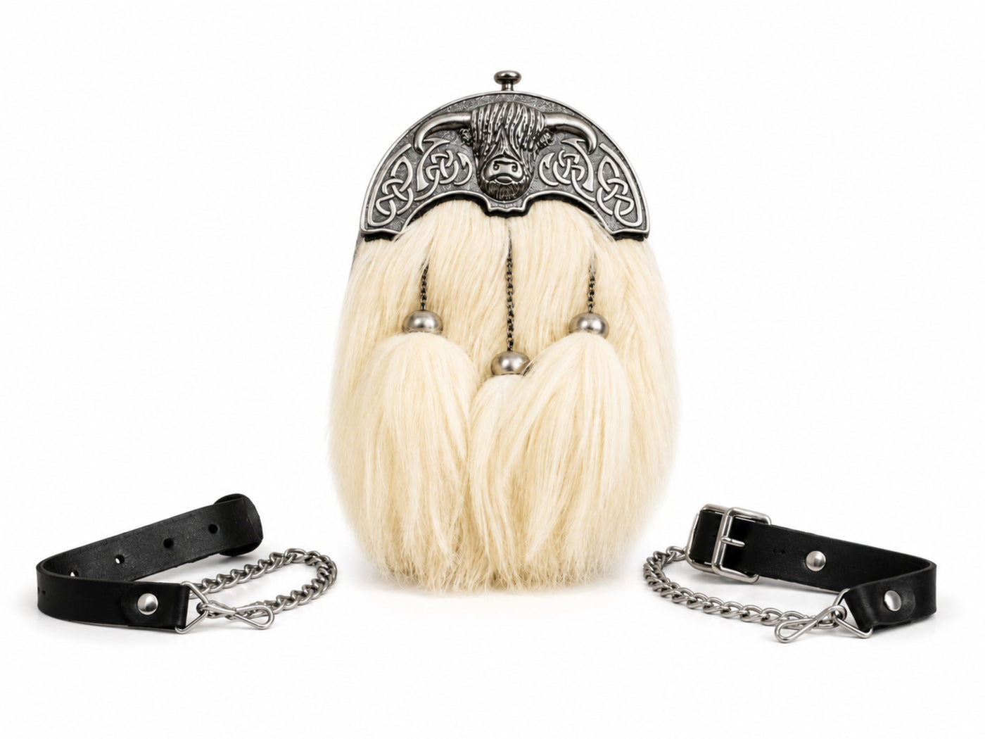 Goat Hair Dress Sporran White with Silver Cantle and Three Tassels | B2B Low MOQ
