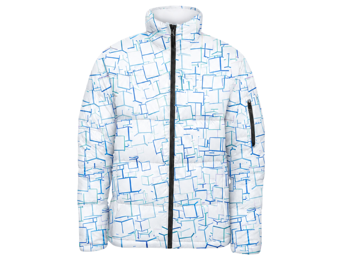 Rectangular Outline-Print Sublimated Puffer Jacket – White, Light Blue and Lavender | B2B Low MOQ