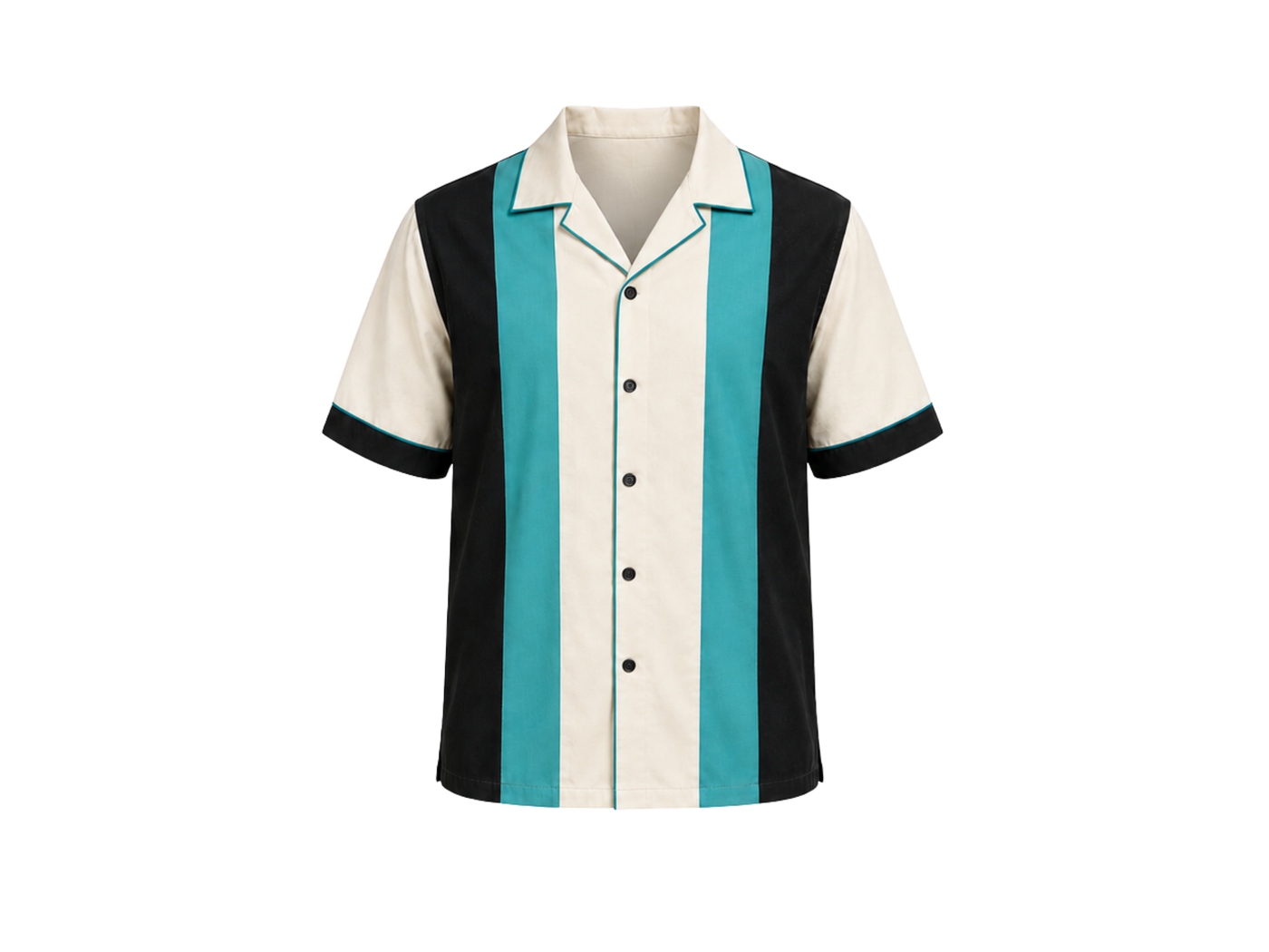 Custom Retro Bowling Fan Shirt – Cream Black Teal Sublimated Button-Up Lifestyle Apparel