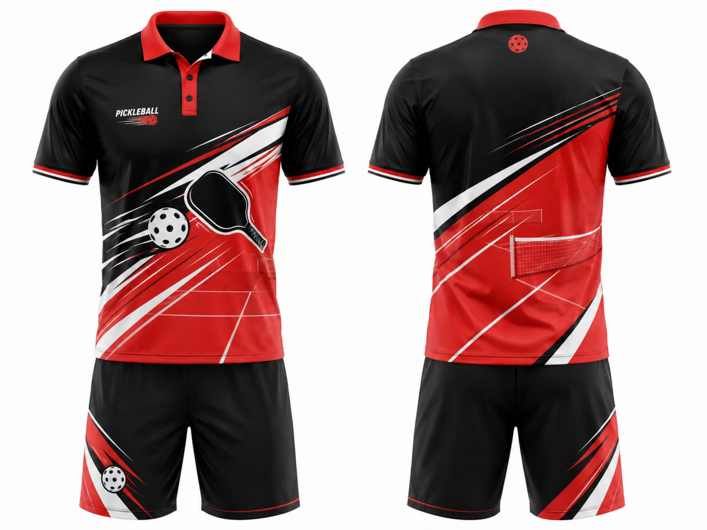 Custom Men's Pickleball Polo and Shorts Set | Wholesale Pickleball Team Uniform | Black Red White | Apparels Bridge