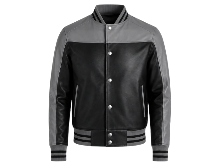 Custom Leather Varsity Jacket Black/Grey B2B Low MOQ