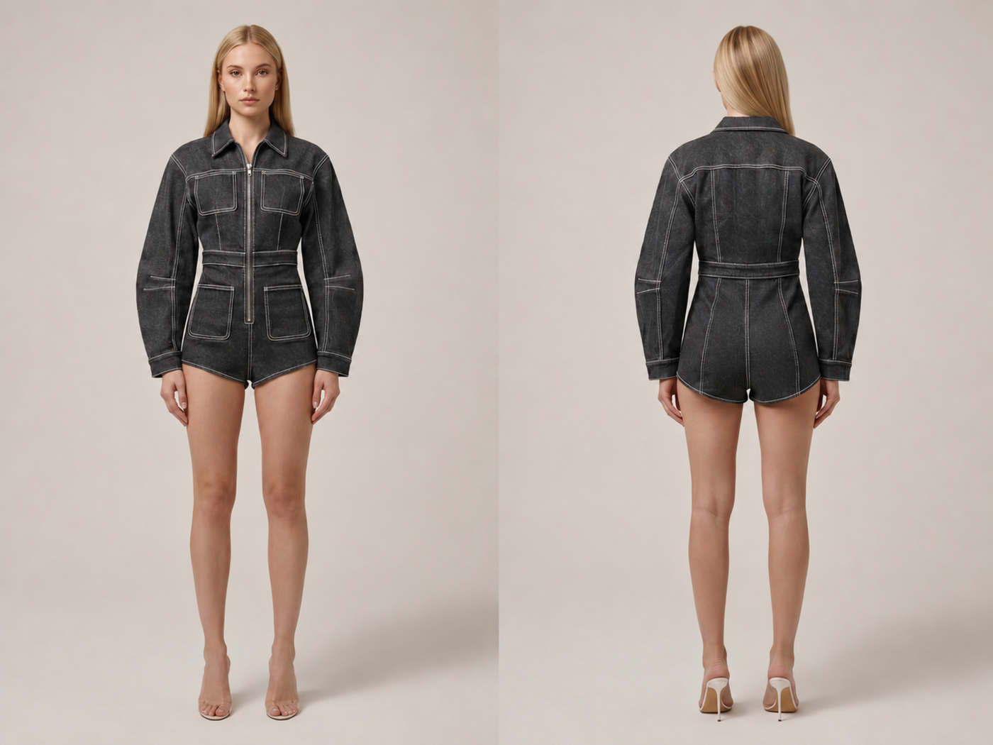 Wholesale Custom Black Denim Romper Manufacturer Private Label Long Sleeve Jean Jumpsuit