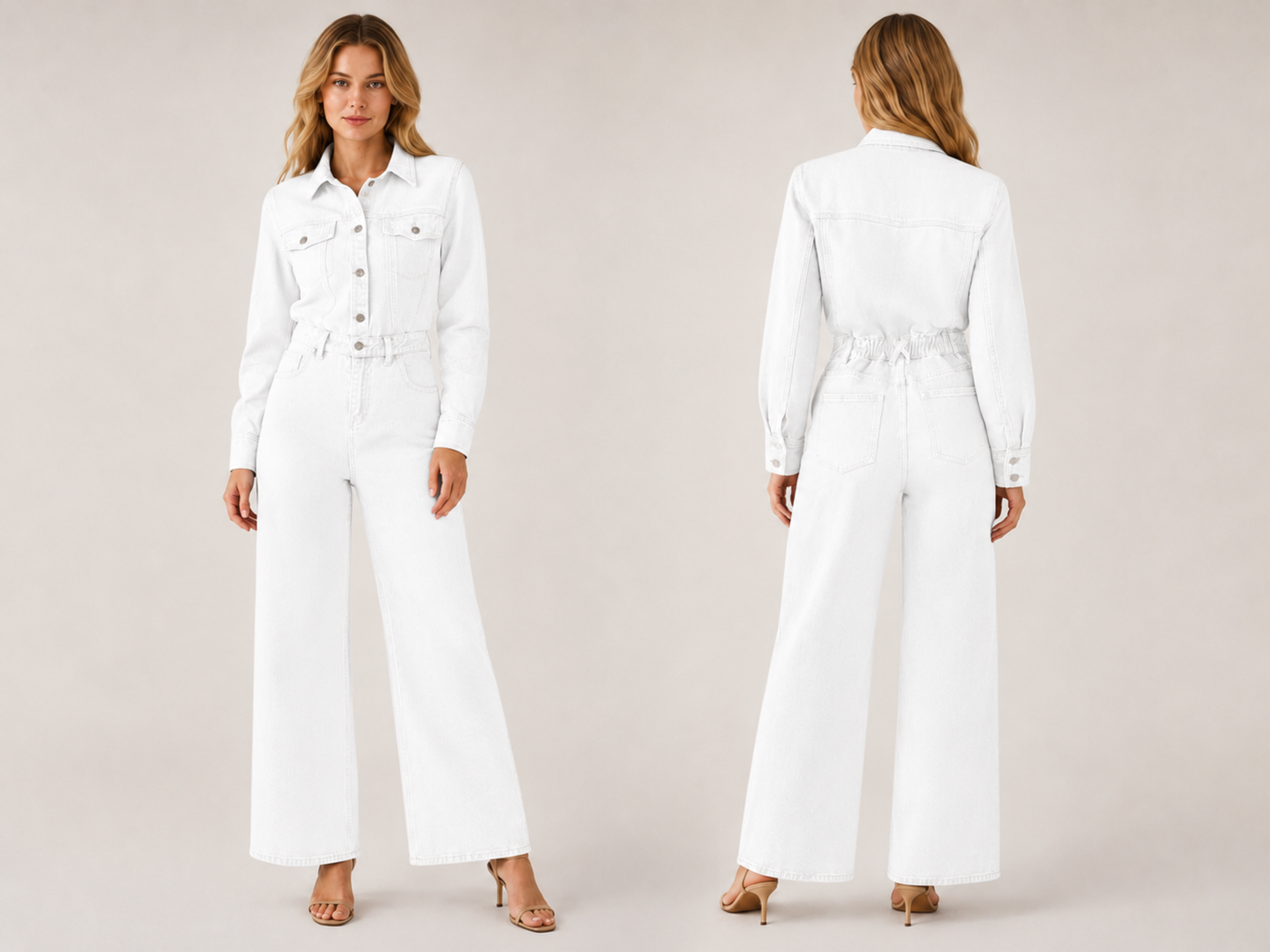 Wholesale Custom White Denim Jumpsuit Manufacturer Private Label Wide Leg Coverall