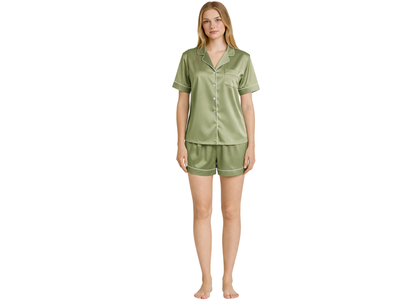 Wholesale Satin Contrast Short Pajama Set | Custom Olive Green Sleepwear Manufacturer for Private Label Brands