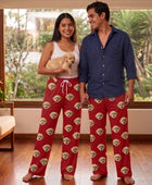 Wholesale Custom Pet Face Polyester Pajama Pants, Red Unisex Couples Sleepwear Manufacturer for Private Label Brands