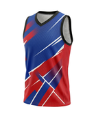 Custom Sublimated Basketball Jersey – Red Blue Geometric Design | Wholesale Basketball Jersey Manufacturer