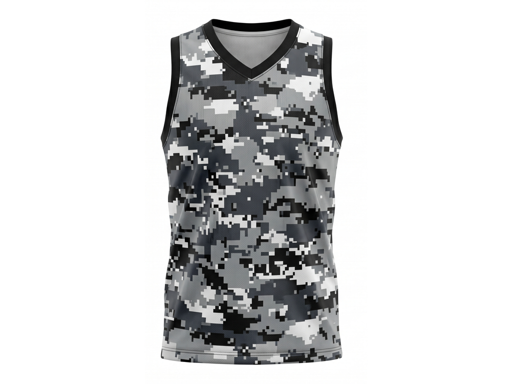 Custom Sublimated Basketball Jersey – Gray Digital Camo Design | Wholesale Basketball Jersey Manufacturer front design preview
