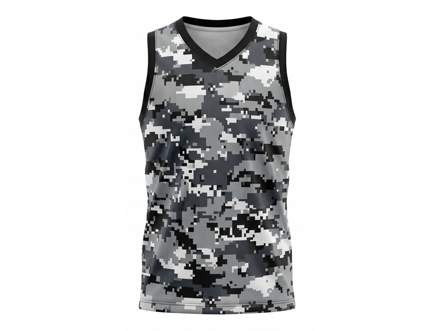 Custom Sublimated Basketball Jersey – Gray Digital Camo Design | Wholesale Basketball Jersey Manufacturer design preview