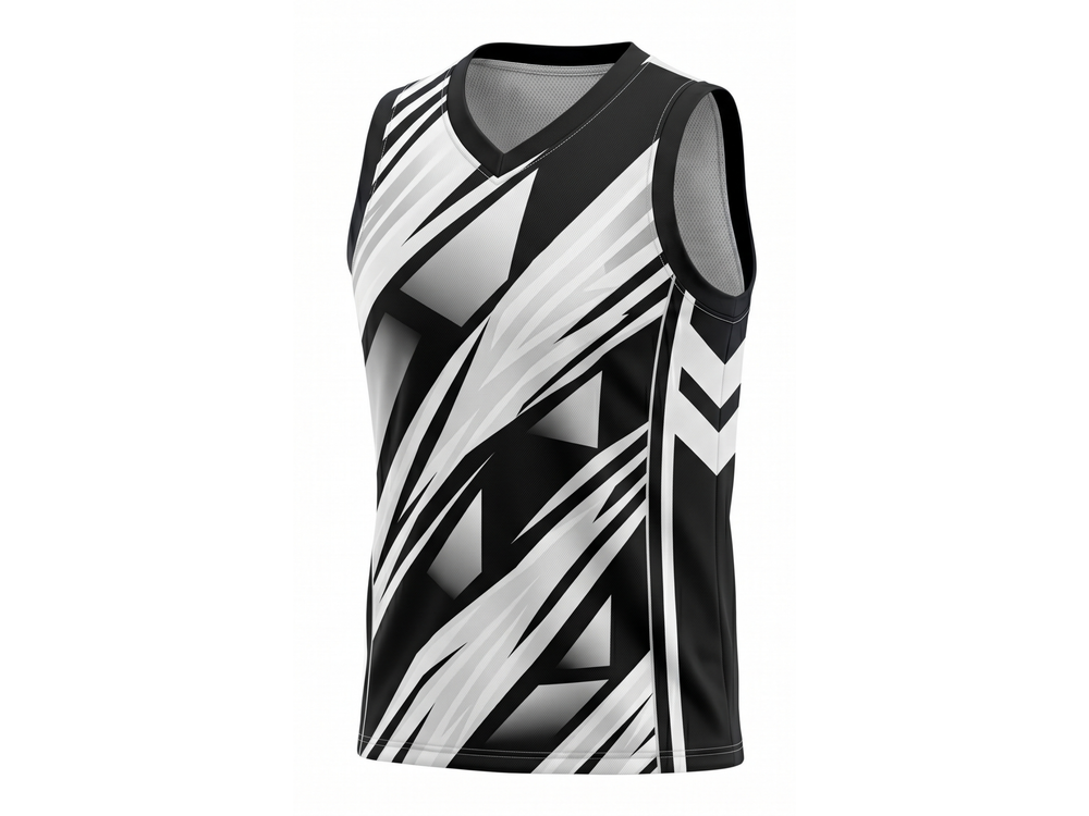Custom Sublimated Basketball Jersey – Black White Abstract Design | Wholesale Basketball Jersey Manufacturer front design preview