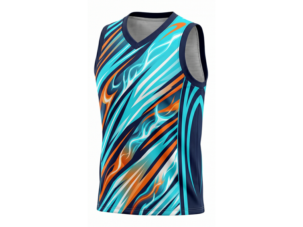 Custom Sublimated Basketball Jersey – Aqua Blue Orange Abstract Design | Wholesale Manufacturer front design preview