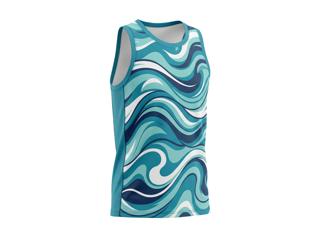 Basketball Tank Top – Custom Sublimated Aqua Blue Wave Design | Wholesale Manufacturer front design preview