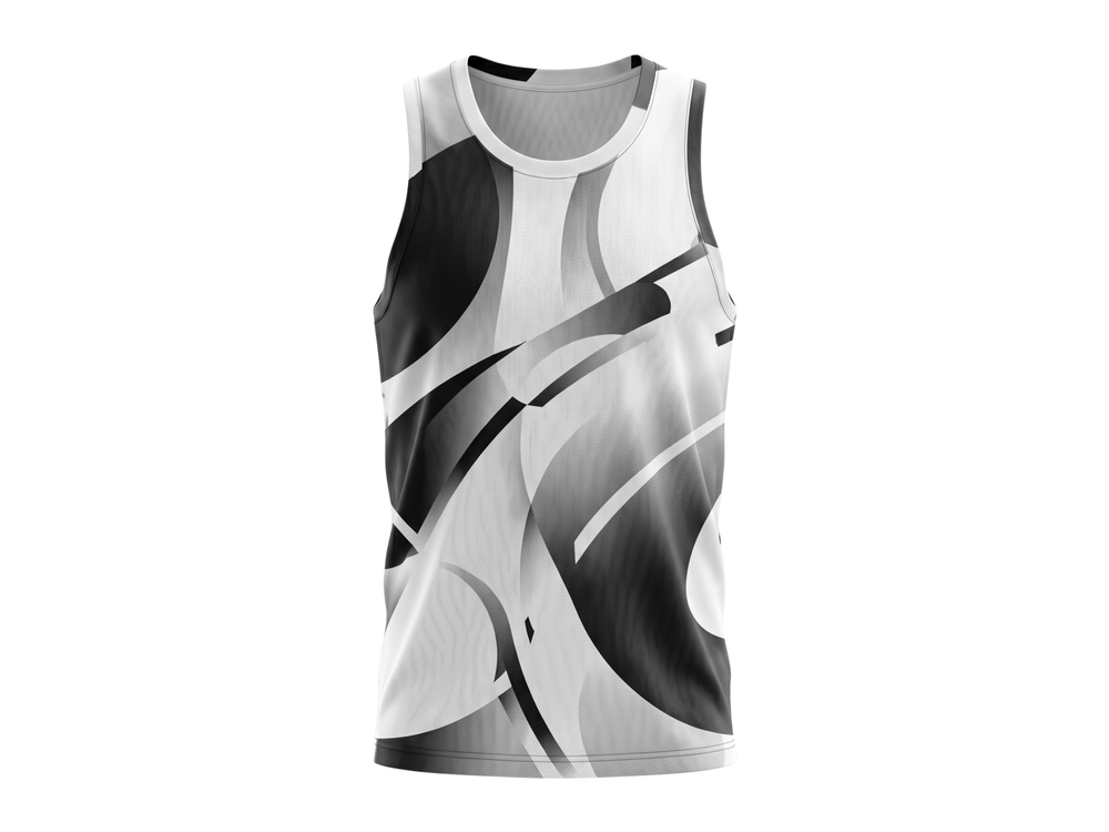 Basketball Tank Top – Custom Sublimated Black White Abstract Curve Design | Wholesale Manufacturer front design preview