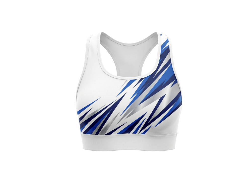 Basketball Sports Bra – Custom Sublimated White Blue Racerback Design | Wholesale Manufacturer front design preview