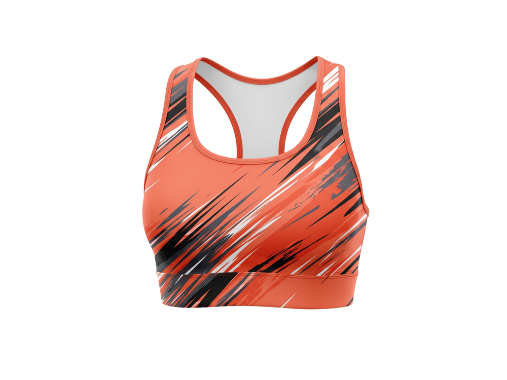 Basketball Sports Bra – Custom Sublimated Coral Orange Black Racerback Design | Wholesale Manufacturer front design preview