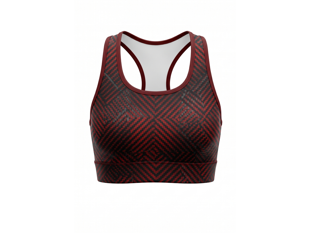 Basketball Sports Bra – Custom Sublimated Burgundy Black Geometric Racerback | Wholesale Manufacturer front design preview