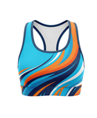 Basketball Sports Bra – Custom Sublimated Aqua Orange Wave Racerback | Wholesale Manufacturer
