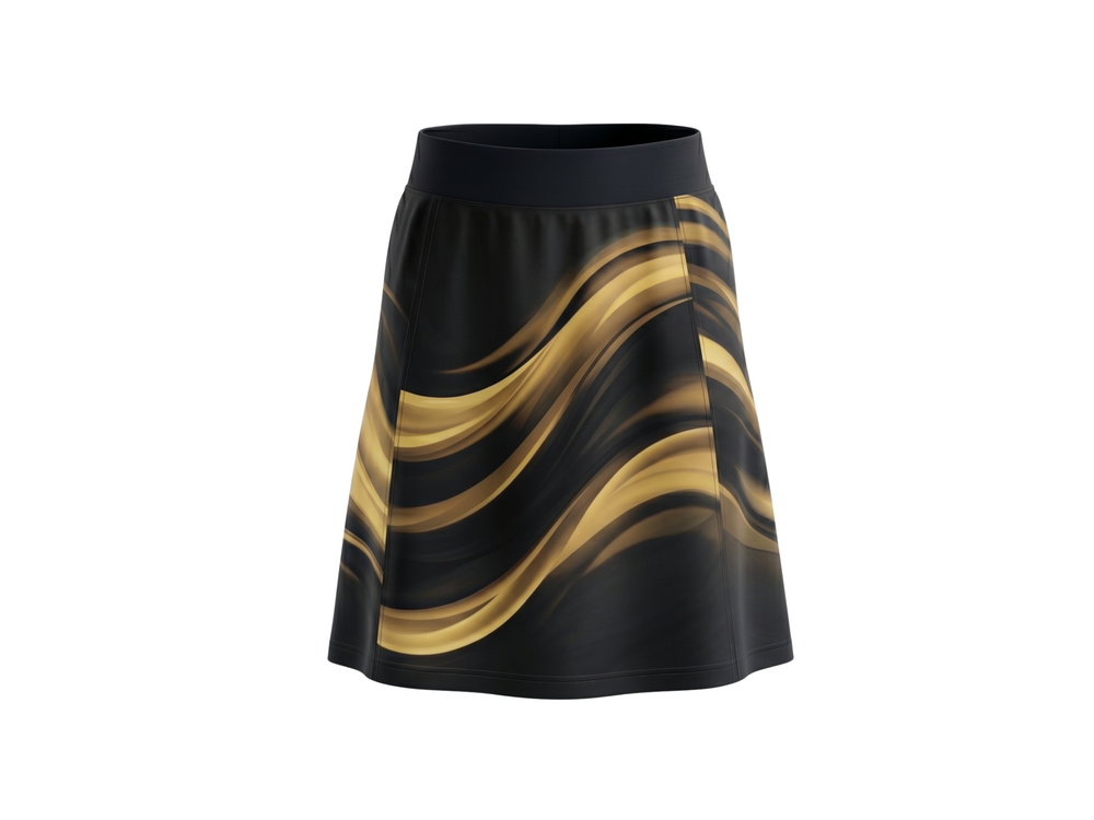 Basketball Skort – Custom Sublimated Black Gold Wave Design | Wholesale Manufacturer front design preview