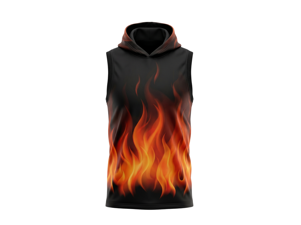 Basketball Sleeveless Hoodie – Custom Sublimated Black Orange Flame Design | Wholesale Manufacturer front design preview
