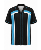Custom Bowling Team Shirt – Black Cyan White Panelled Retro Button-Up Design