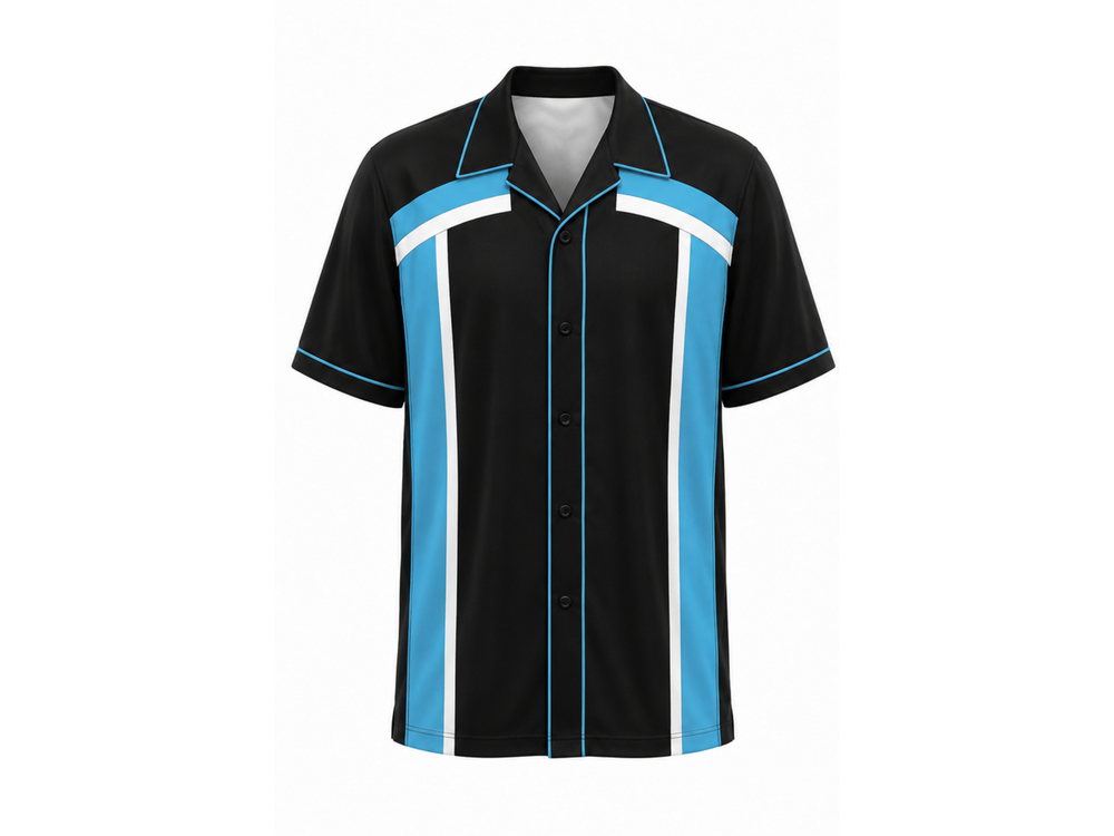 Custom Bowling Team Shirt Black Cyan White Panelled Retro Button-Up Design front design preview