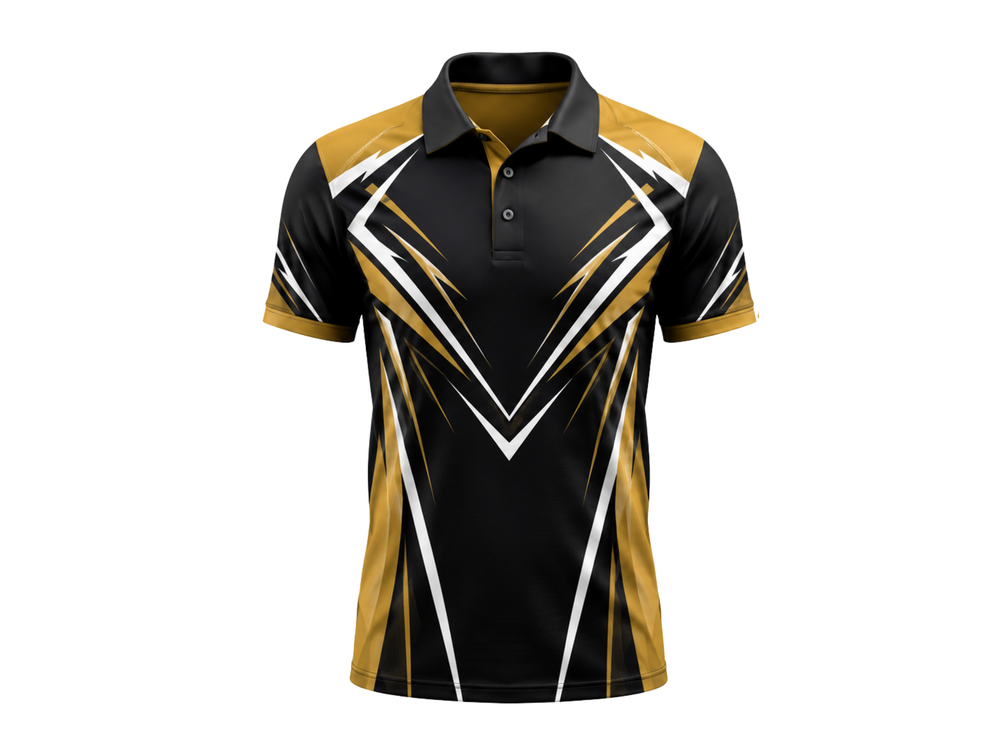 B2B Bowling League Polo Shirt Black Gold White Sublimated Tournament Jersey front design preview